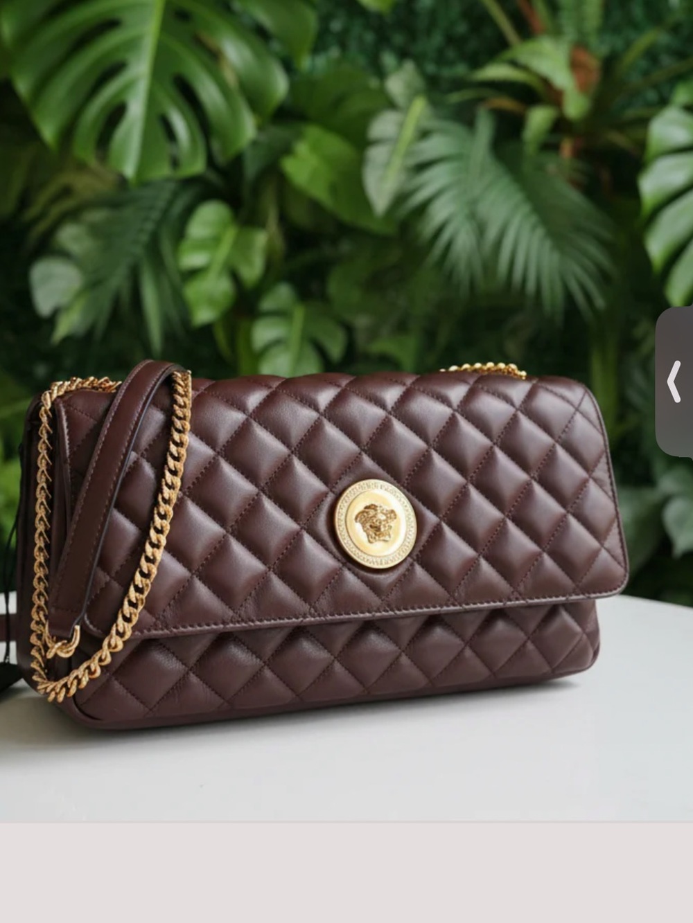 Quilted Brown Leather Shoulder Bag with Gold Chain. New - Pristine + dust bag